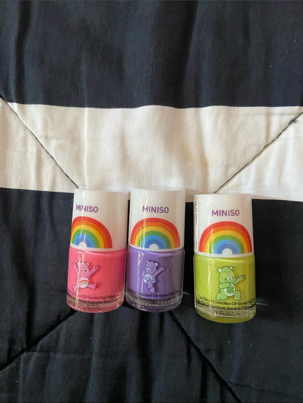 MINISO Care Bears Nail Polish Trio — Pink, Purple, Lime